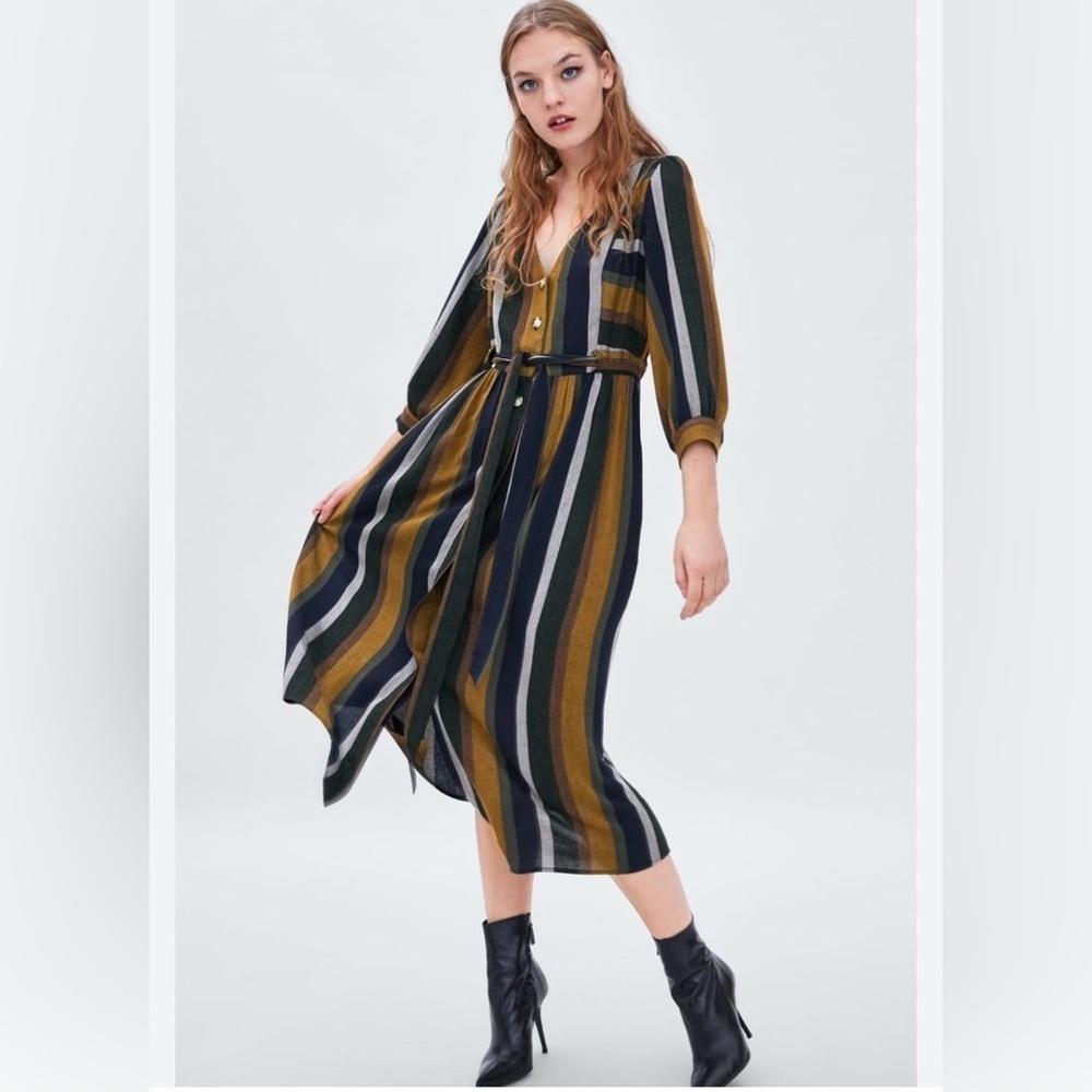 Zara Wool blend long flowing striped Midi Dress in Mustard, Navy & Cream size XS